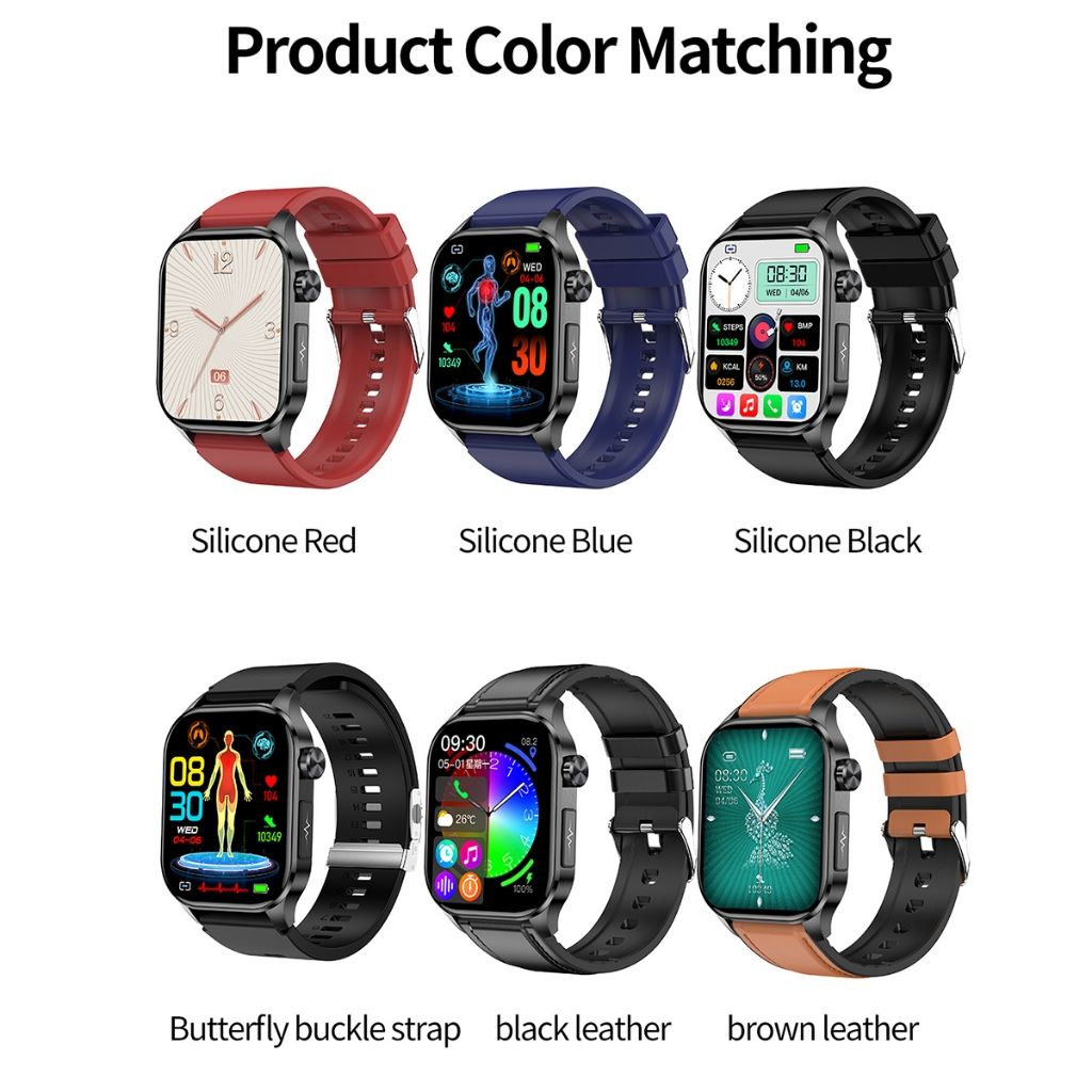 ET580 Smart Watch New Style AMOLED Screen Innovative Test Blood Sugar Temperature Heart Rate Body Fat Exercise Pedometer Smartwatch for Woman Men Smartwatch PU Leather Waterproof Unisex Sports Watches