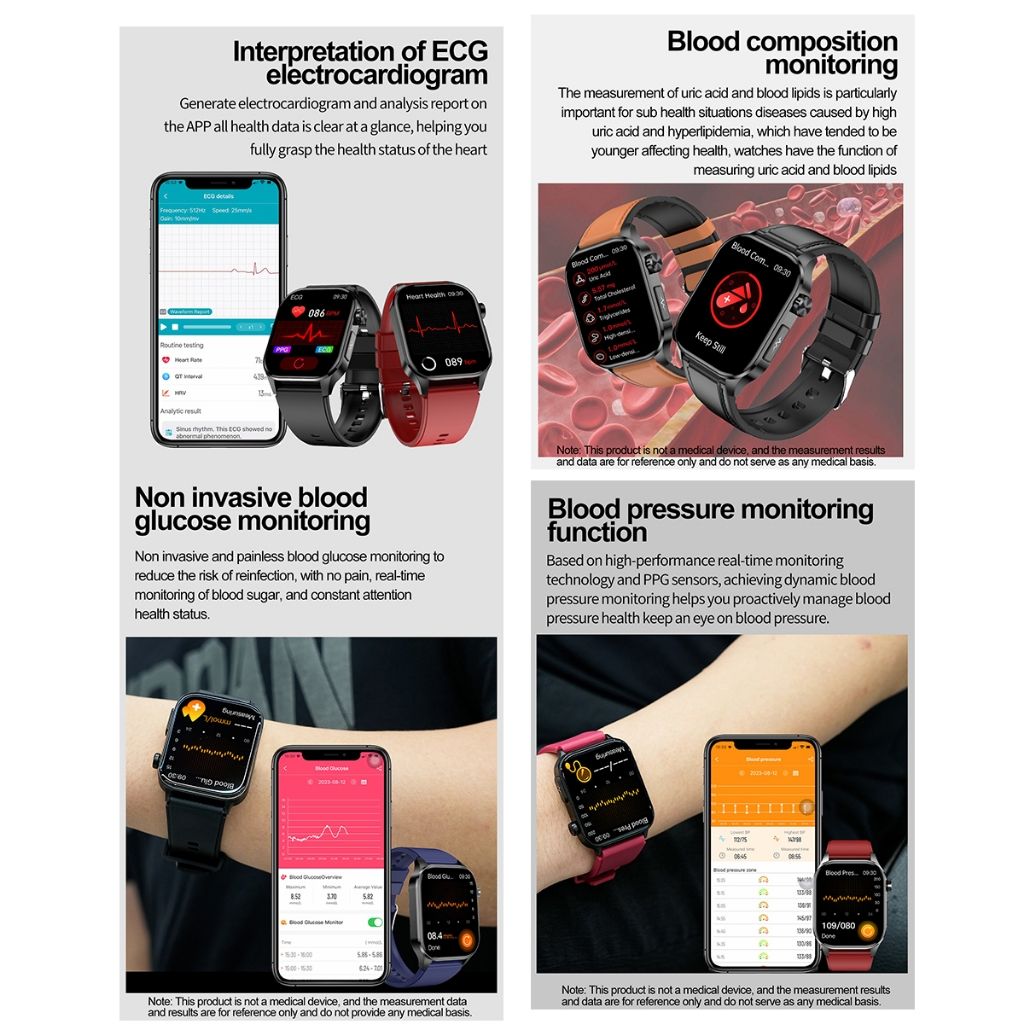 ET580 Smart Watch New Style AMOLED Screen Innovative Test Blood Sugar Temperature Heart Rate Body Fat Exercise Pedometer Smartwatch for Woman Men Smartwatch PU Leather Waterproof Unisex Sports Watches