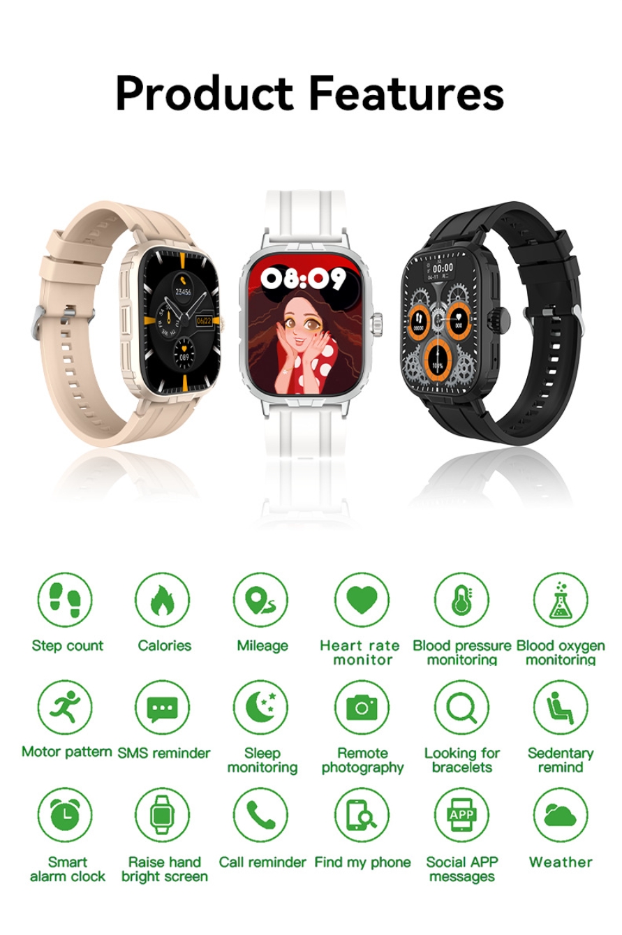 B03 Smart Watch For Men Women AI Gesture Control Touch Square HD Screen Health Monitoring Bluetooth Call Watch Sports Heart Rate Blood Oxygen Multifunction Watch for Android IOS Waterproof Smartwatch