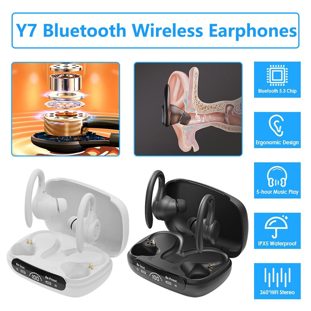 TWS Ture Wireless Earbuds Y7 Bluetooth 5.3 Headphones 24Hrs Playtime with Charging Case LED Diaplay Hi-Fi Sweatproof Noise Canceling Over Ear Earhooks Touch Control Wireless Earphone with Microphone
