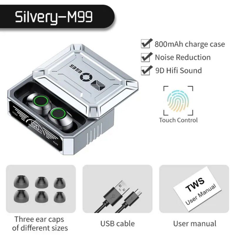 M99 TWS Wireless Bluetooth 5.3 Earphones Digital Display Sliding Cover Design Wireless Headset Low-power Waterproof Sports Headphones Noise Reduction Without Delay Gaming Wireless Earbuds Microphone