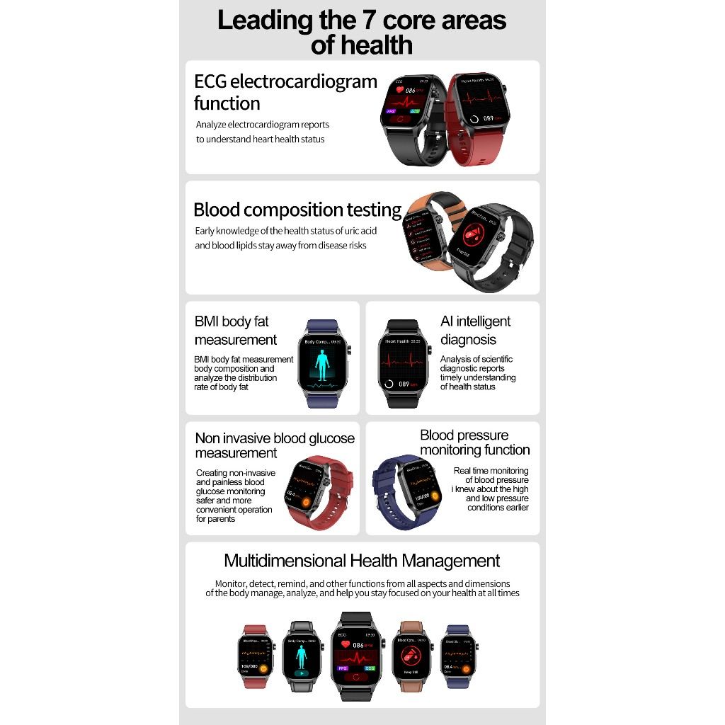 ET580 Smart Watch New Style AMOLED Screen Innovative Test Blood Sugar Temperature Heart Rate Body Fat Exercise Pedometer Smartwatch for Woman Men Smartwatch PU Leather Waterproof Unisex Sports Watches