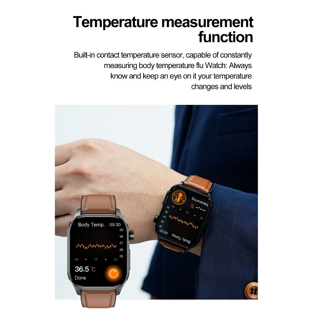 ET580 Smart Watch New Style AMOLED Screen Innovative Test Blood Sugar Temperature Heart Rate Body Fat Exercise Pedometer Smartwatch for Woman Men Smartwatch PU Leather Waterproof Unisex Sports Watches