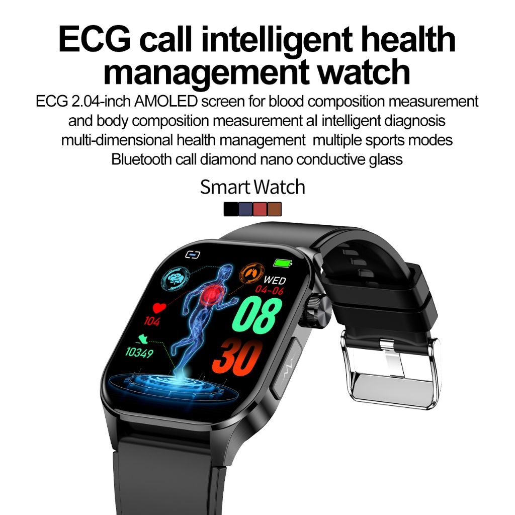 ET580 Smart Watch New Style AMOLED Screen Innovative Test Blood Sugar Temperature Heart Rate Body Fat Exercise Pedometer Smartwatch for Woman Men Smartwatch PU Leather Waterproof Unisex Sports Watches