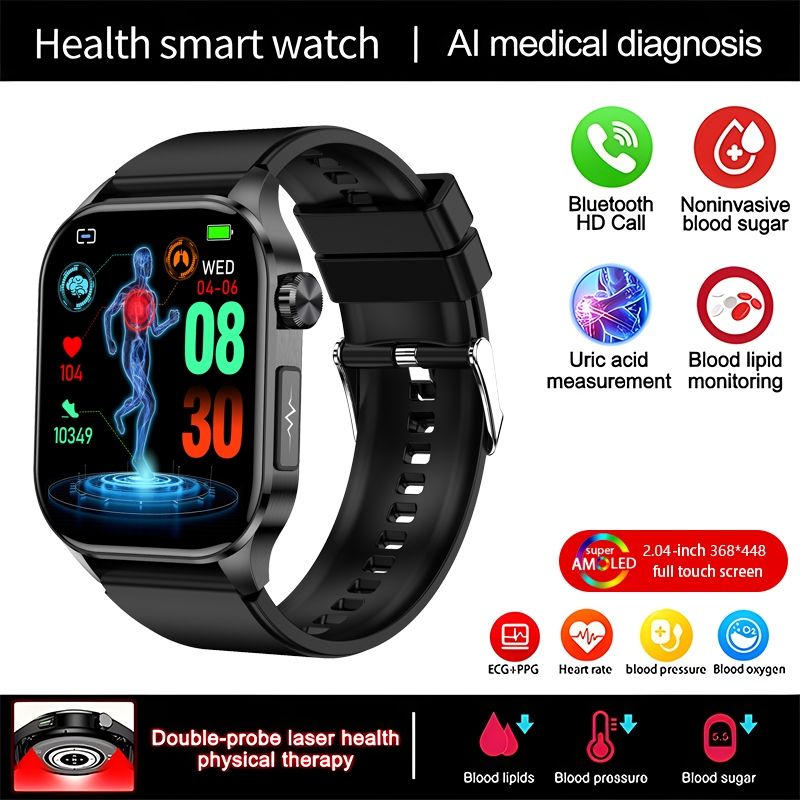 ET580 Smart Watch New Style AMOLED Screen Innovative Test Blood Sugar Temperature Heart Rate Body Fat Exercise Pedometer Smartwatch for Woman Men Smartwatch PU Leather Waterproof Unisex Sports Watches