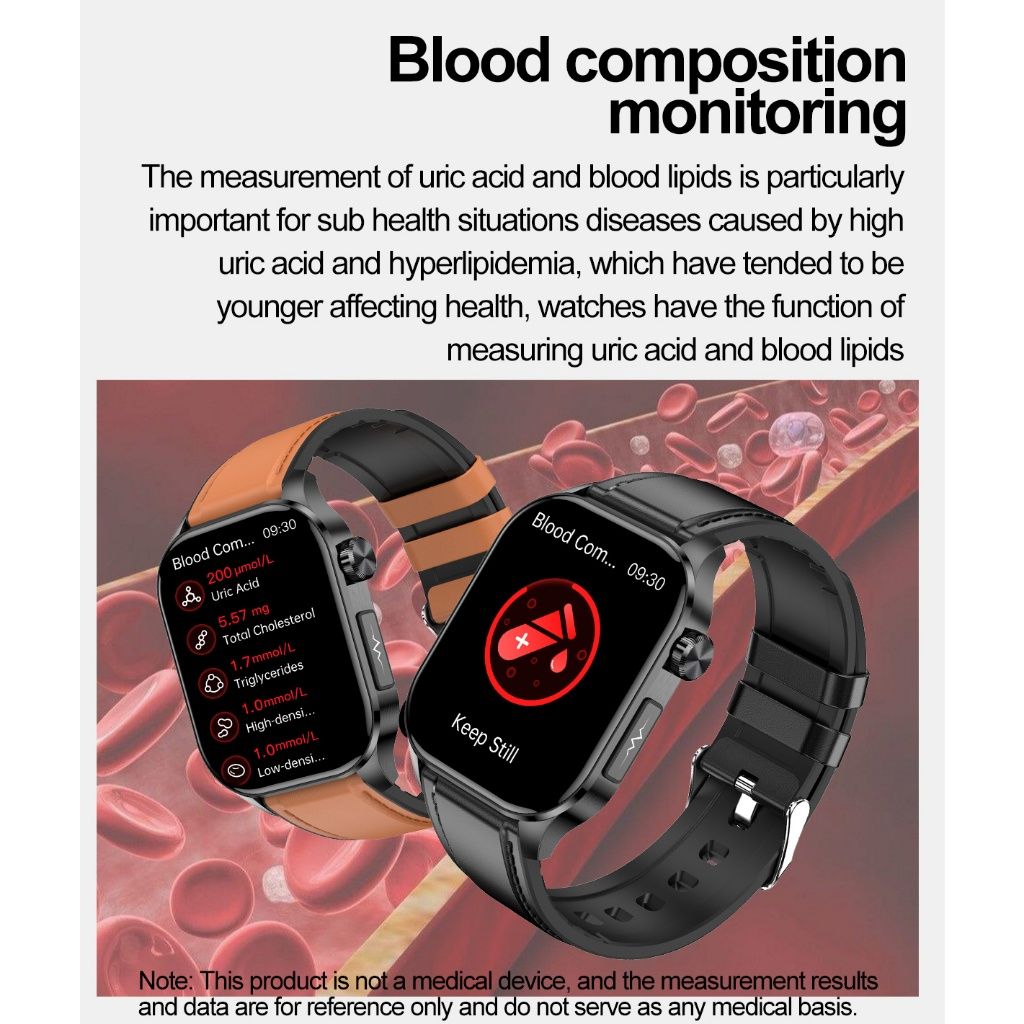 ET580 Smart Watch New Style AMOLED Screen Innovative Test Blood Sugar Temperature Heart Rate Body Fat Exercise Pedometer Smartwatch for Woman Men Smartwatch PU Leather Waterproof Unisex Sports Watches