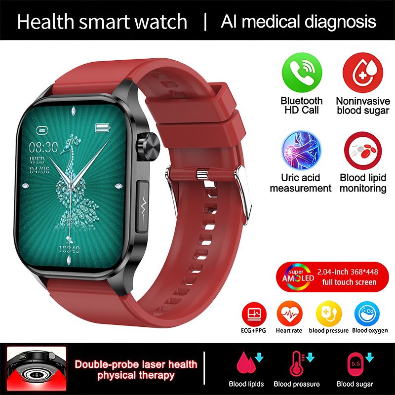 ET580 Smart Watch New Style AMOLED Screen Innovative Test Blood Sugar Temperature Heart Rate Body Fat Exercise Pedometer Smartwatch for Woman Men Smartwatch PU Leather Waterproof Unisex Sports Watches
