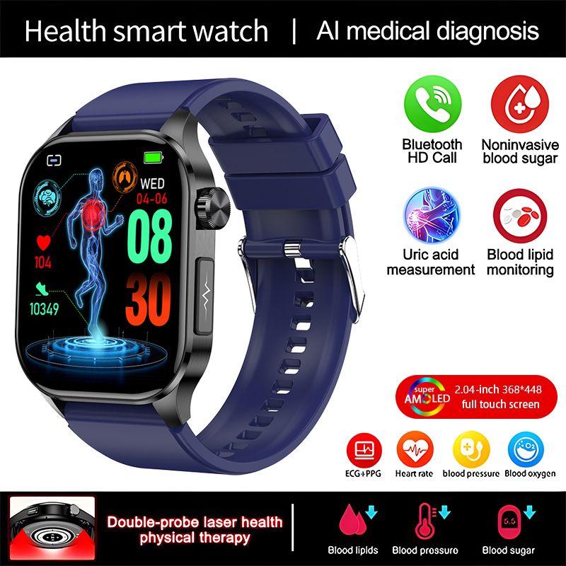 ET580 Smart Watch New Style AMOLED Screen Innovative Test Blood Sugar Temperature Heart Rate Body Fat Exercise Pedometer Smartwatch for Woman Men Smartwatch PU Leather Waterproof Unisex Sports Watches
