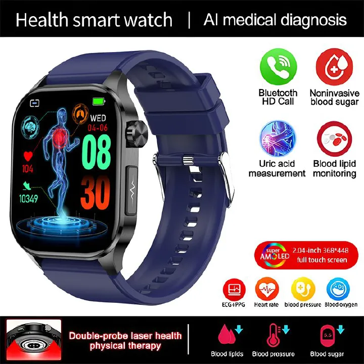 ET580 Smart Watch New Style AMOLED Screen Innovative Test Blood Sugar Temperature Heart Rate Body Fat Exercise Pedometer Smartwatch for Woman Men Smartwatch PU Leather Waterproof Unisex Sports Watches