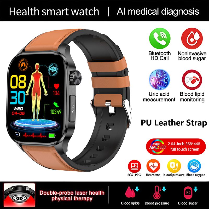 ET580 Smart Watch New Style AMOLED Screen Innovative Test Blood Sugar Temperature Heart Rate Body Fat Exercise Pedometer Smartwatch for Woman Men Smartwatch PU Leather Waterproof Unisex Sports Watches