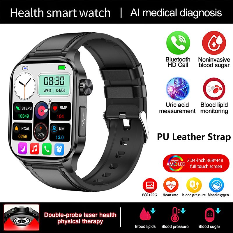 ET580 Smart Watch New Style AMOLED Screen Innovative Test Blood Sugar Temperature Heart Rate Body Fat Exercise Pedometer Smartwatch for Woman Men Smartwatch PU Leather Waterproof Unisex Sports Watches