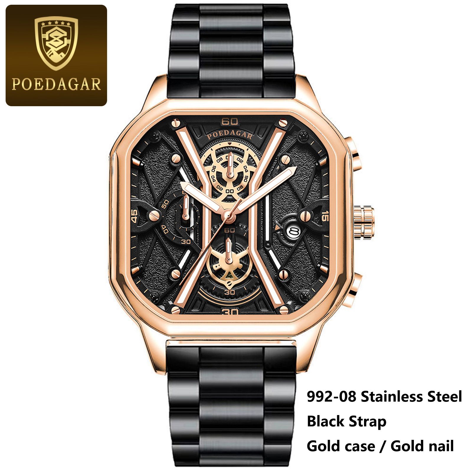 Poedagar Business Casual Quartz Watch Analog Fashion Genuine Men's Watch Stainless Steel PU Leather Strap Luminous Calendar Waterproof mens watch watch for men water proof original Watches for man 922