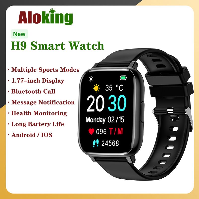 women Men smart watch Bluetooth connection 1.77'' HD Screen Touch Control Bluetooth call Smartwatch Couple Watches heart rate blood oxygen monitor fitness sport watch Waterproof smart watch For Men H9-Black