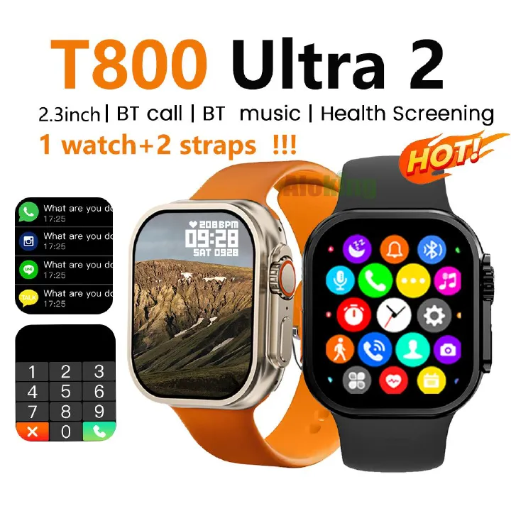 T800 Ultra 2 Smart Watch with 2 straps 2.3'' Full Touch Screen Women Smart Watch Game Bluetooth Call Waterproof Fitness Sports Smart Watch For Men Kids Smart Watch For Woman couple watch Unisex Watch