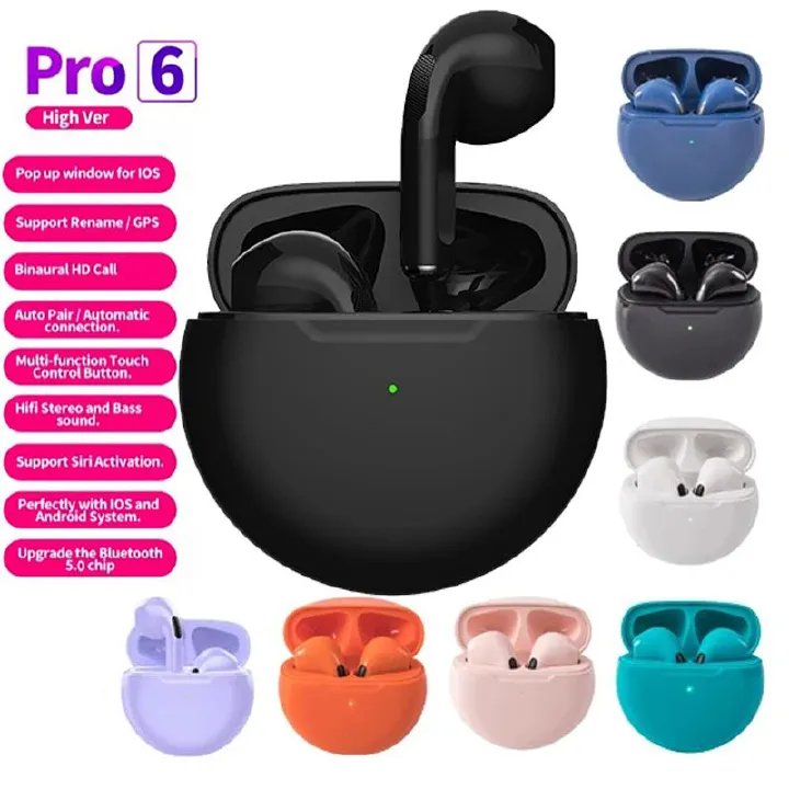 Men Pro6 TWS Bluetooth Earbuds Wireless Earphone with Touch Control 9d Stereo Build-in Micphone earpods Touch HiFi Stereo Wireless Earbuds Bluetooth Headset Pro6 earphone Black White Blue Pink earbuds