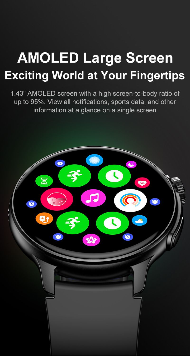 Full Touch Screen Bluetooth Smart Watch AMOLED Round HD Screen 1.43'' Sports Watch Waterproof Smart Watch Heart Rate Monitoring Ultra-Long Battery Life Smartwatches Wrist Watch Men Women Smart watch