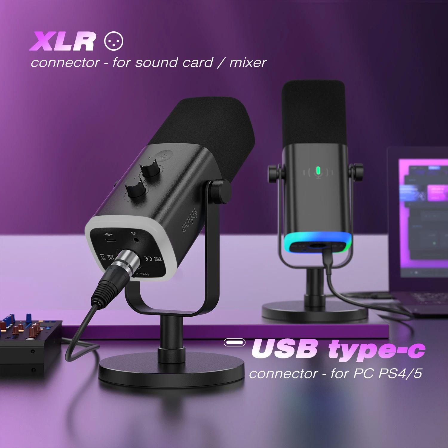 Tabletop USB/XLR Dynamic Microphone with Touch Mute Button,Headphone jack,I/O Controls,for PC PS5/4 mixer,Gaming MIC Ampligame AM8