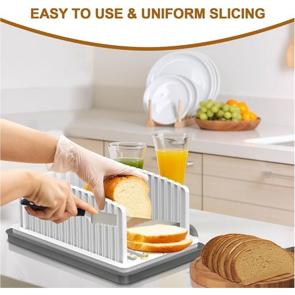 1pc Adjustable Bread Slicer Guide Toast Bread Slicer Stand Foldable Loaf Cutter Rack Baking Tool Cutting Guide Sandwich Cutter Mold Plastic Slicing Tool with Crumb Tray