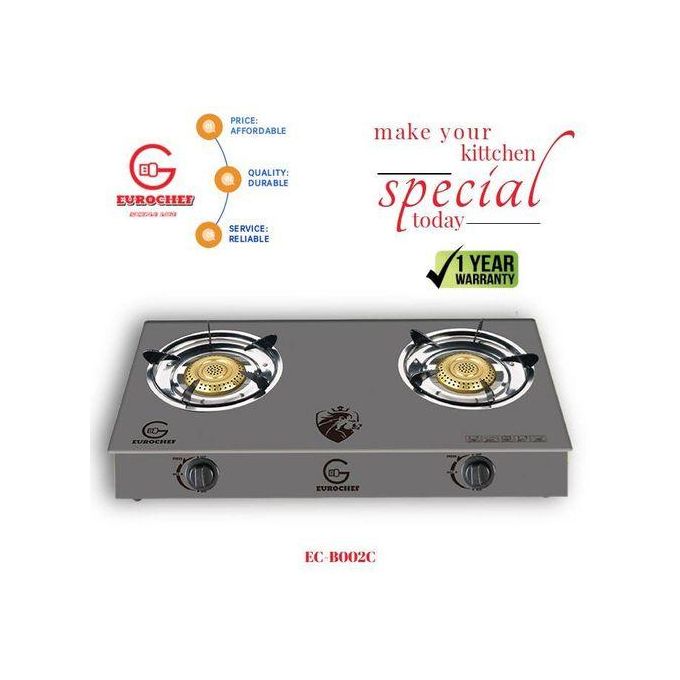 Eurochef Glass Gas Stove, 2 Burners Gas Cooker, Table Top. . Ergonomically designed knobs help to easily adjust flame intensity and the sturdy pan supports ensure that your cookware remains steady