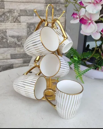 Gold Plated Coffee Mugs Set of 6, Classic Porcelain Coffee Mugs Set Large Handle Cup for Coffee, Tea, Drink, Dishwasher Safe, Easy to Clean & Hold, for Party, Home,Gift