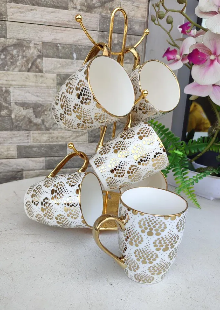 Gold Plated Coffee Mugs Set of 6, Classic Porcelain Coffee Mugs Set Large Handle Cup for Coffee, Tea, Drink, Dishwasher Safe, Easy to Clean & Hold, for Party, Home,Gift