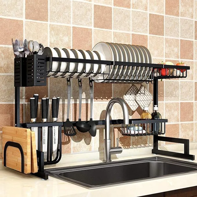 Organized Home 2 Tier Stainless Steel Length Expandable Kitchen Over The Sink Dish Rack, Dish Drying Rack Over Sink, Adjustable (85cm-105cm), Large Dish Rack Drainer for Kitchen Organizer Storage Rack