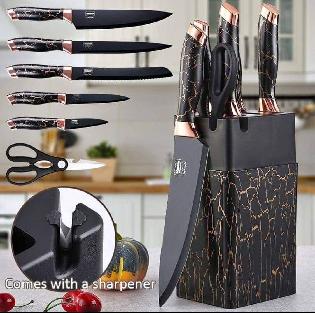 7pc Marble profile knife set  block stand has a sharpener Knife Sets