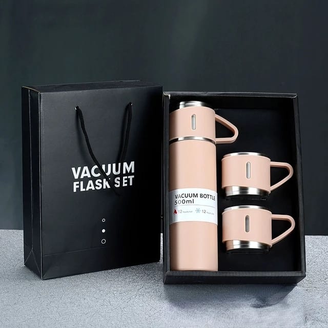 Thermo Water Bottle gift pack 500ml thermocup , lid + 2cups metallic  water bottle Gift Pack