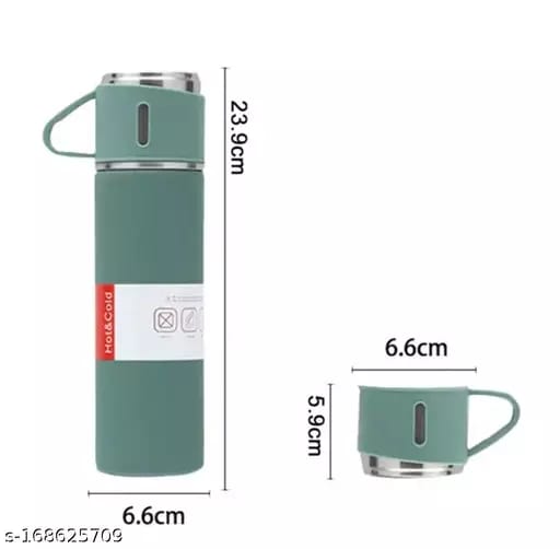 Thermo Water Bottle gift pack 500ml thermocup , lid + 2cups metallic  water bottle Gift Pack