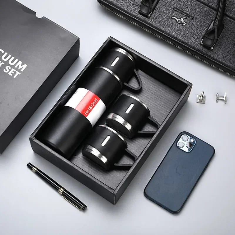 Thermo Water Bottle gift pack 500ml thermocup , lid + 2cups metallic  water bottle Gift Pack