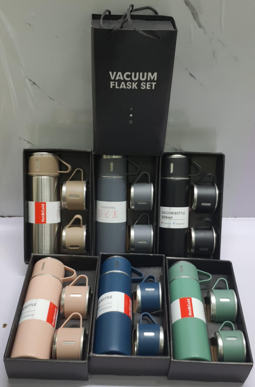 Thermo Water Bottle gift pack 500ml thermocup , lid + 2cups metallic  water bottle Gift Pack