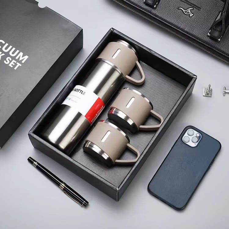 Thermo Water Bottle gift pack 500ml thermocup , lid + 2cups metallic  water bottle Gift Pack