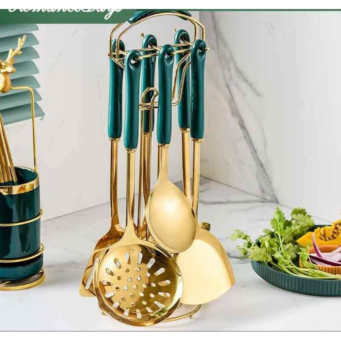 High QUALITY 6pcs +1stand Heavy Golden Serving spoons set 

Consist of;
2pcs short spoon
2pcs soup spoon
1pc fry spoon
1pc spaghetti
