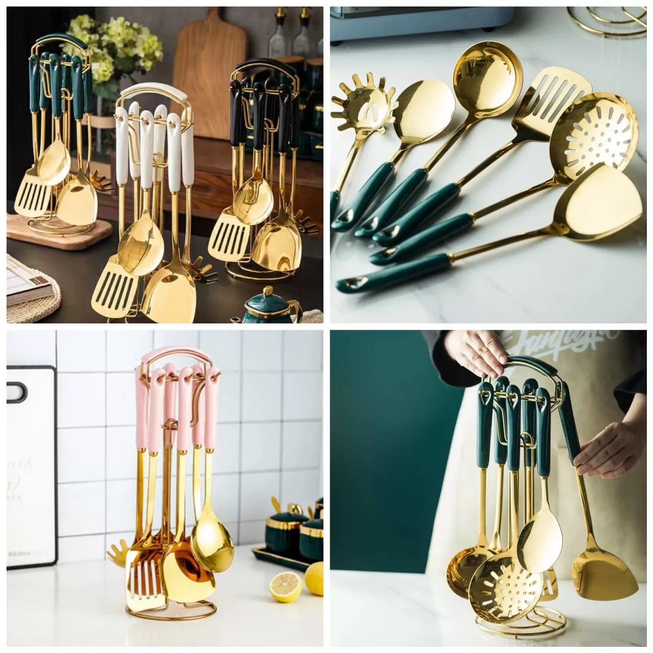 High QUALITY 6pcs +1stand Heavy Golden Serving spoons set 

Consist of;
2pcs short spoon
2pcs soup spoon
1pc fry spoon
1pc spaghetti