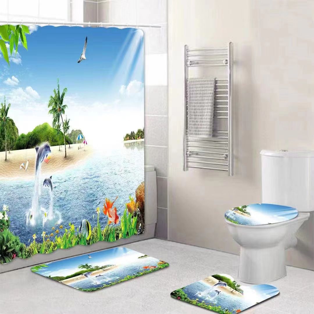 3D 4 in1 bathroom woolen mats with a waterproof shower curtain size 180cmby180cm