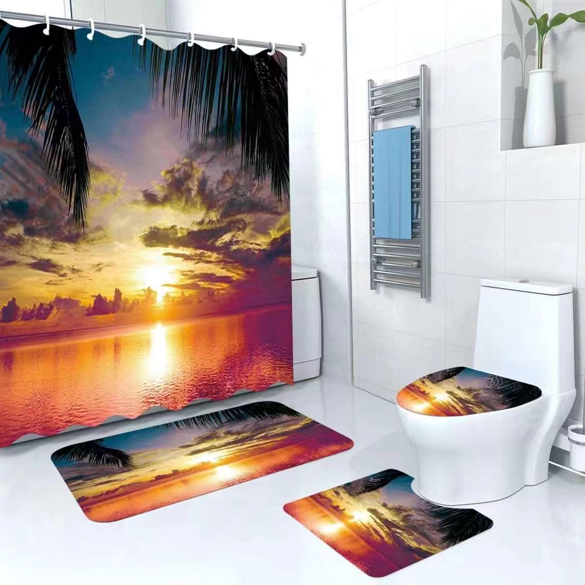 3D 4 in1 bathroom woolen mats with a waterproof shower curtain size 180cmby180cm