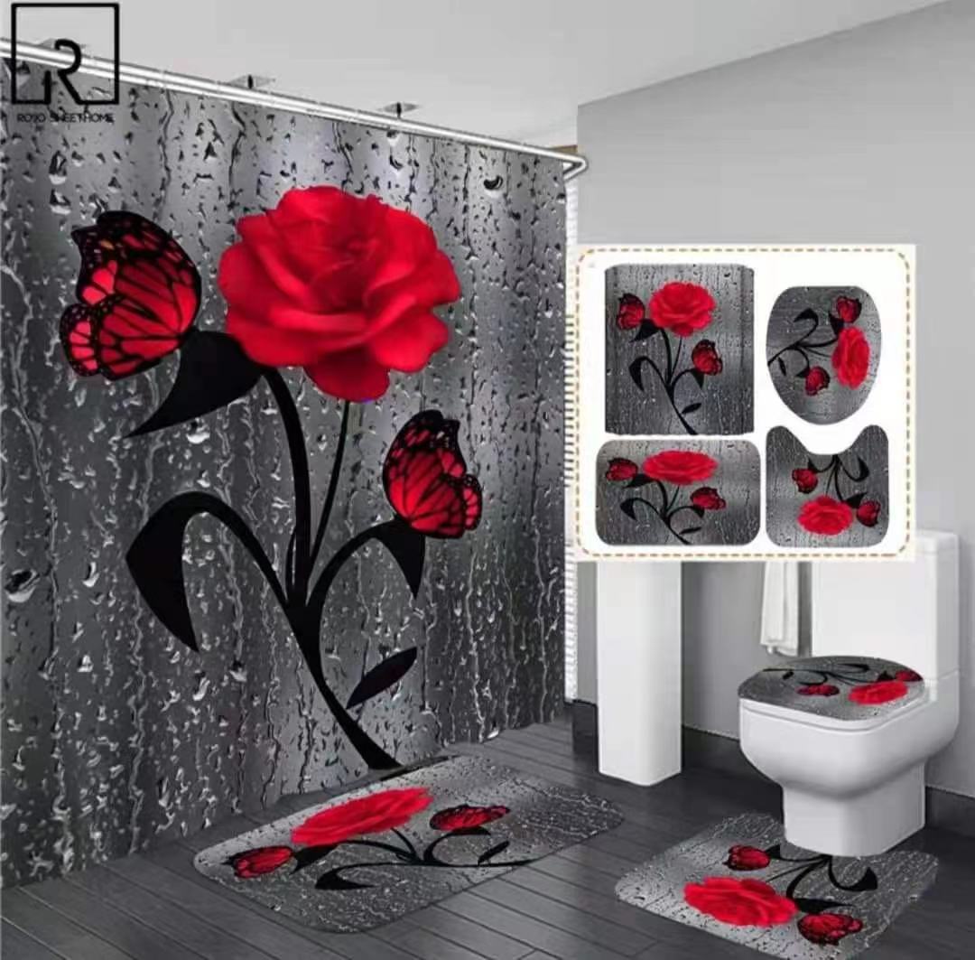 3D 4 in1 bathroom woolen mats with a waterproof shower curtain size 180cmby180cm