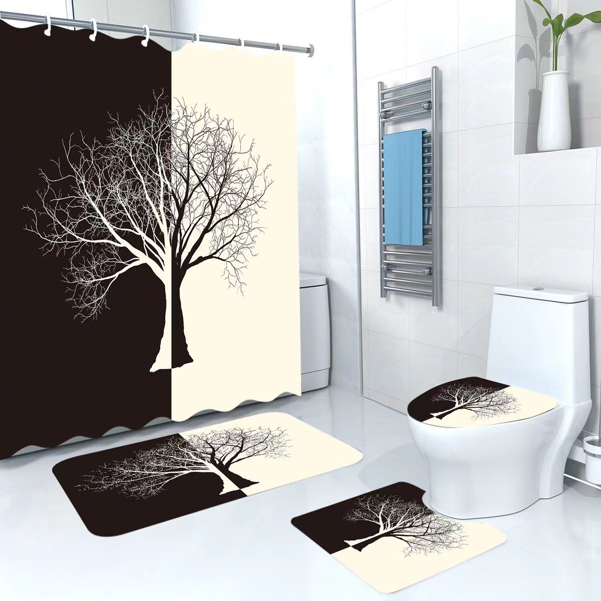 3D 4 in1 bathroom woolen mats with a waterproof shower curtain size 180cmby180cm