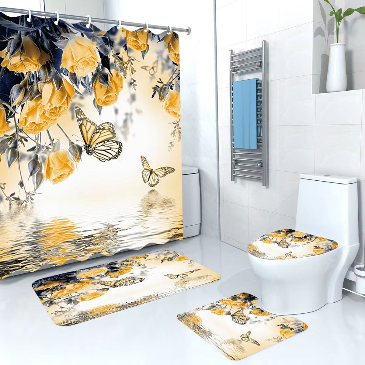 3D 4 in1 bathroom woolen mats with a waterproof shower curtain size 180cmby180cm