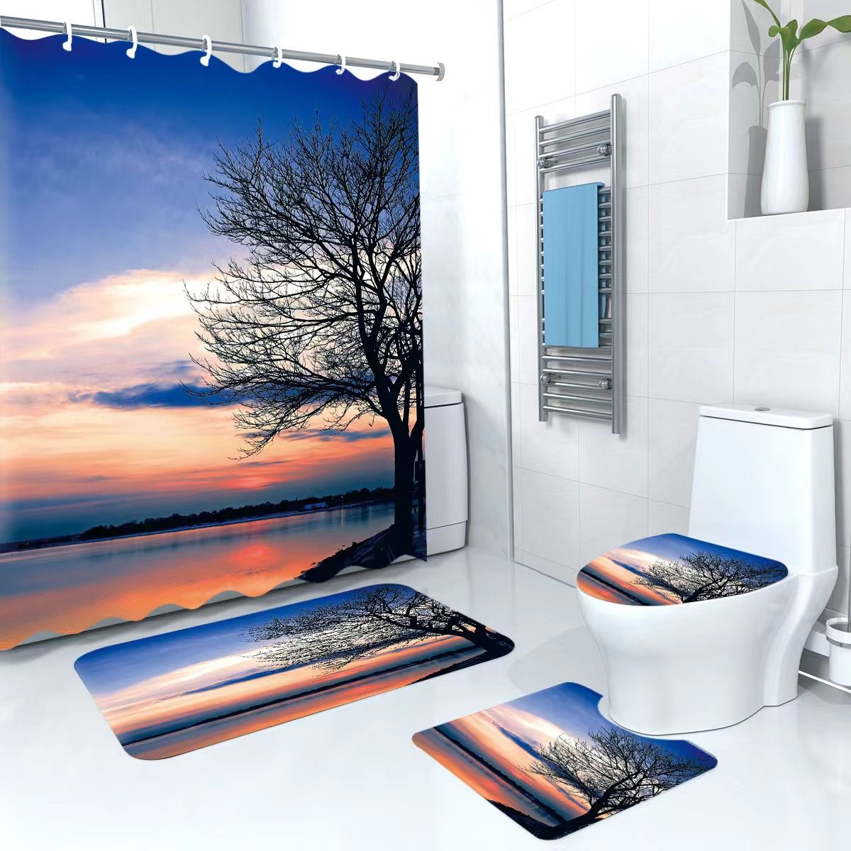 3D 4 in1 bathroom woolen mats with a waterproof shower curtain size 180cmby180cm