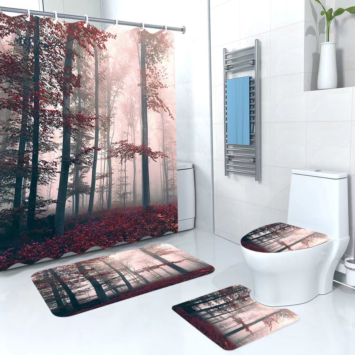 3D 4 in1 bathroom woolen mats with a waterproof shower curtain size 180cmby180cm