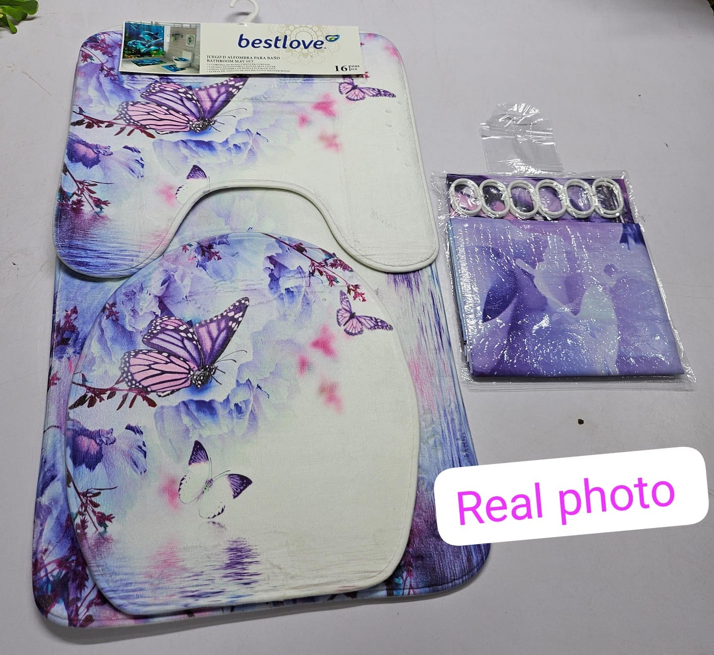 3D 4 in1 bathroom woolen mats with a waterproof shower curtain size 180cmby180cm