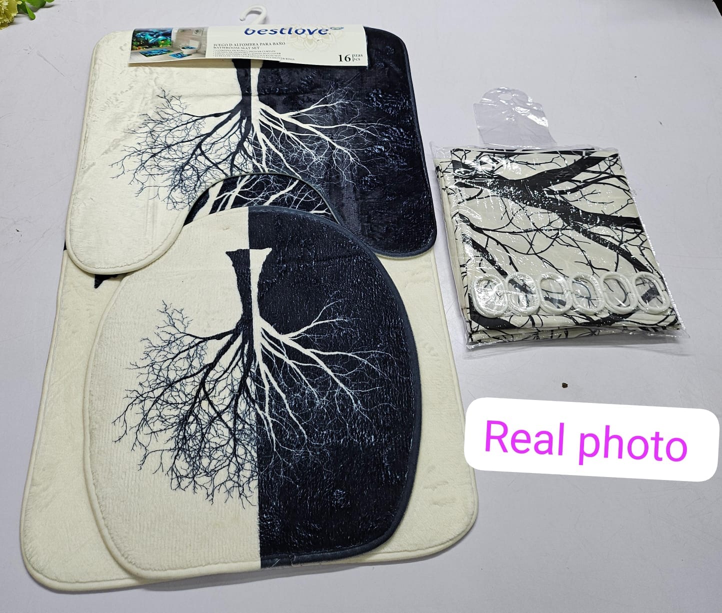 3D 4 in1 bathroom woolen mats with a waterproof shower curtain size 180cmby180cm