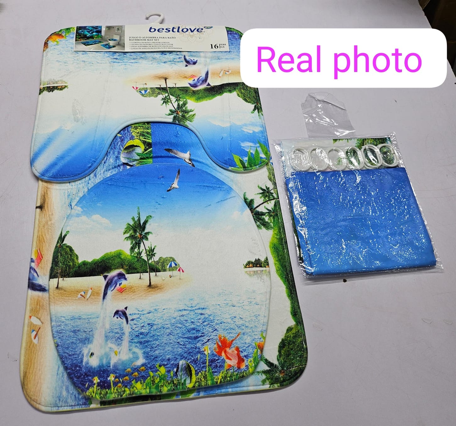 3D 4 in1 bathroom woolen mats with a waterproof shower curtain size 180cmby180cm