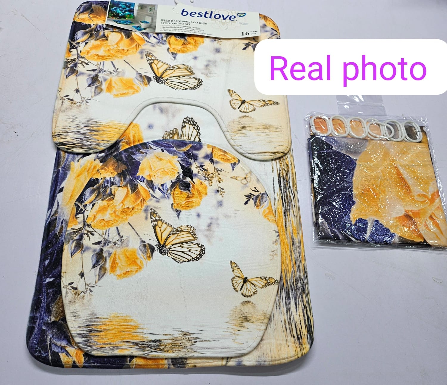 3D 4 in1 bathroom woolen mats with a waterproof shower curtain size 180cmby180cm