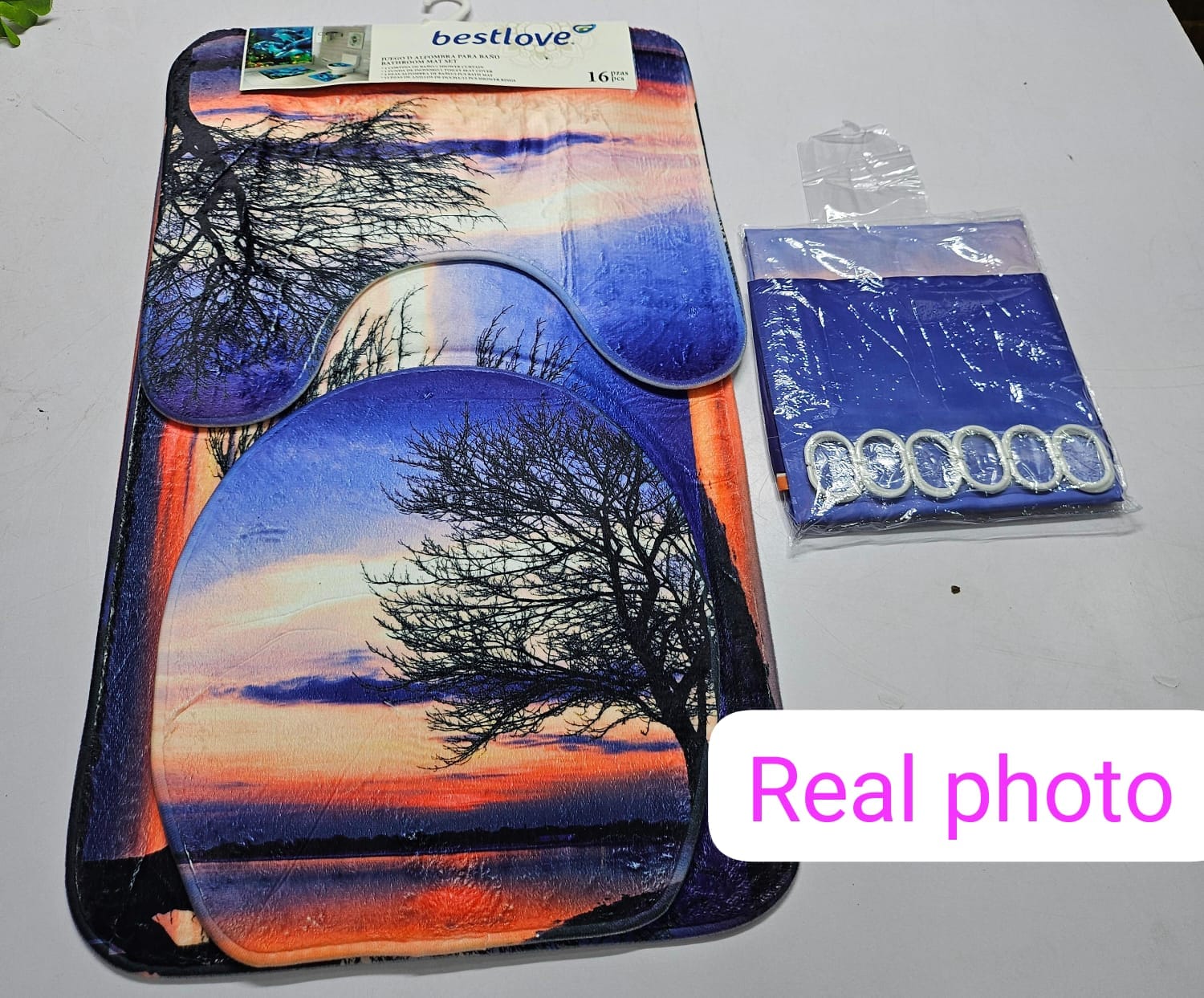 3D 4 in1 bathroom woolen mats with a waterproof shower curtain size 180cmby180cm