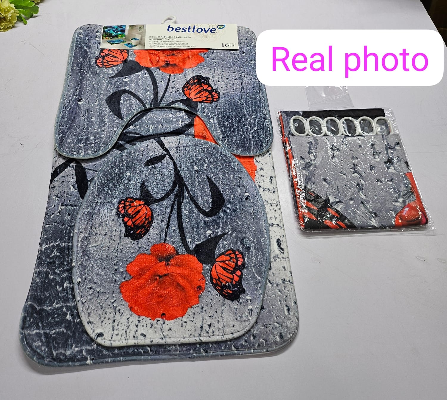 3D 4 in1 bathroom woolen mats with a waterproof shower curtain size 180cmby180cm