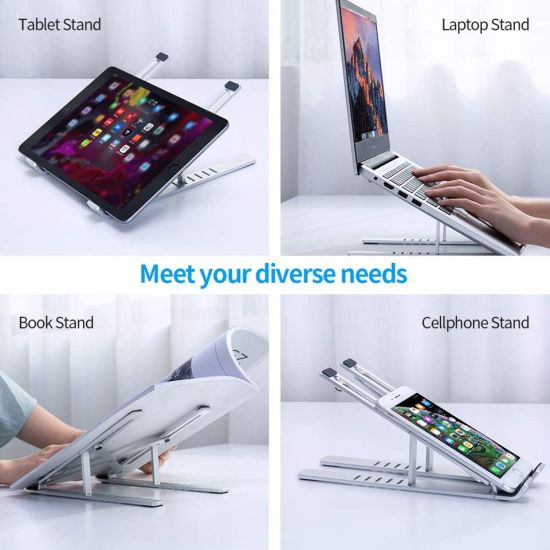 Creative foldable adjustable laptop stand bracket strong plastic with nonslip silicone bottom pads Handles phones tablets and laptops and can stretch up to 17inches wide.