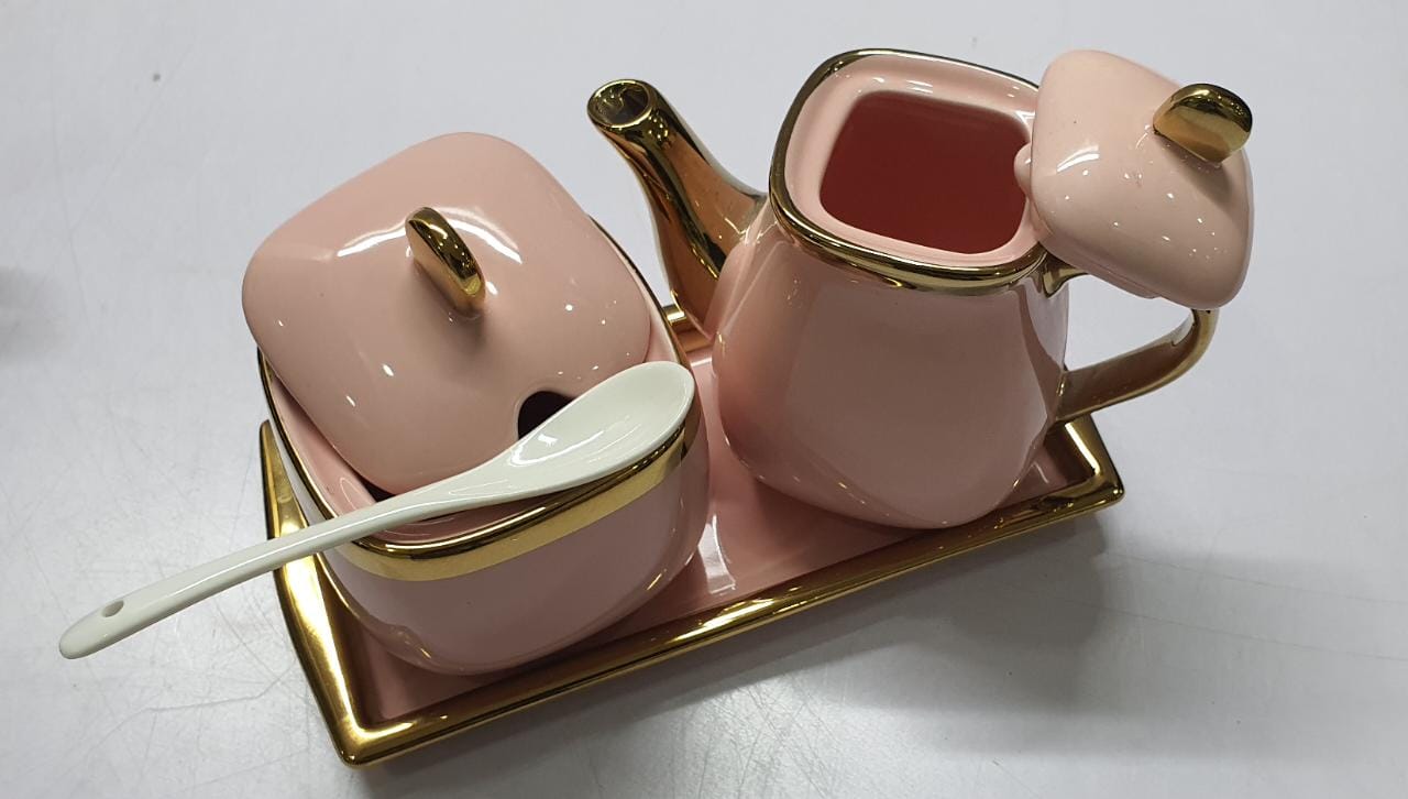 Executive home fashion 3in1 4ceramic set - 250ml sugar dish, 400ml kettle, + matching tray