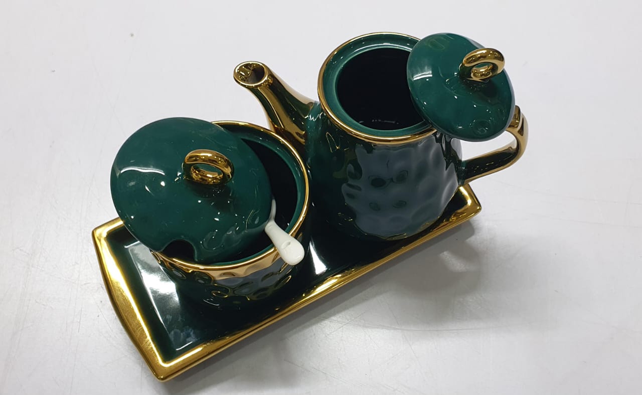 Executive home fashion 3in1 4ceramic set - 250ml sugar dish, 400ml kettle, + matching tray